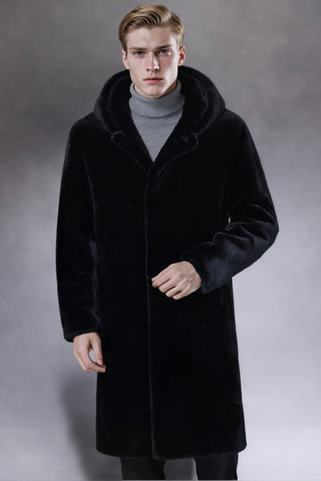 Black Faux Fur Hooded Long Men's Coat